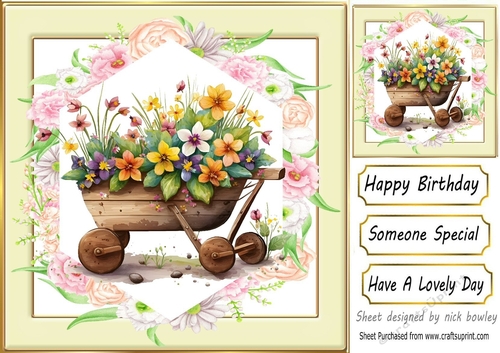 Lovely flowers in a wheel barrow, cream and floral 8x8 frame (four)