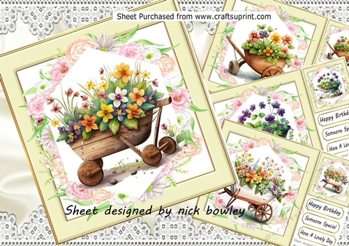  4 Lovely flowers in wheel barrows Cards, 8x8 Mini kit (SET TWO)