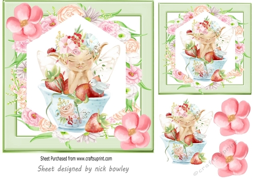 Sweet Little Baby Faerie Sleeping on strawberries 7x7 with flowers (two)