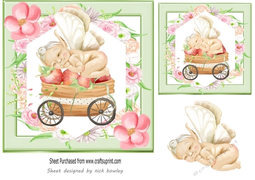  Little Baby Faerie Sleeping on a wheel barrow 7x7 with flowers (three)