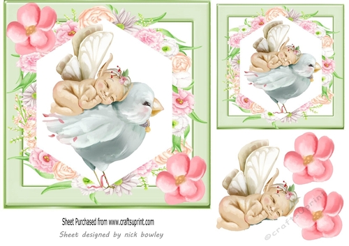 Sweet Little Baby Faerie Sleeping on a bird 7x7 with flowers (four)