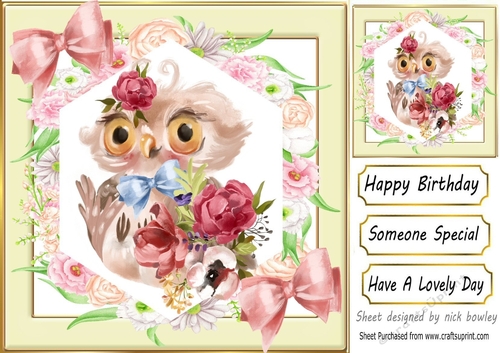 Lovely Owl with flowers and bows 8x8 (one)