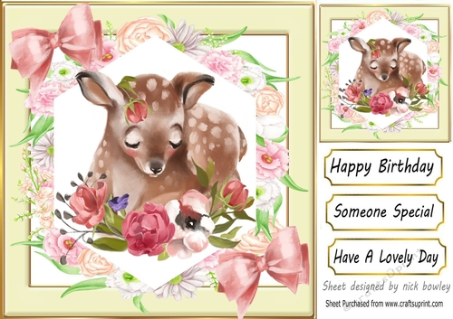 Lovely Deer with flowers and bows 8x8 card front (two)