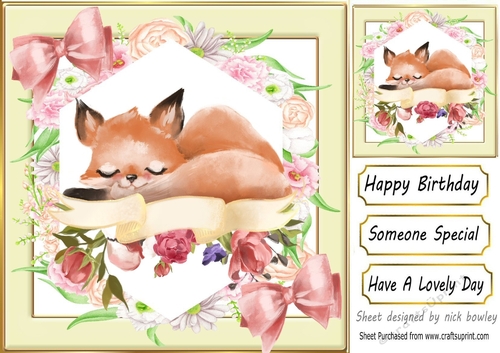 Lovely Fox with flowers and bows 8x8 card fronts (three)