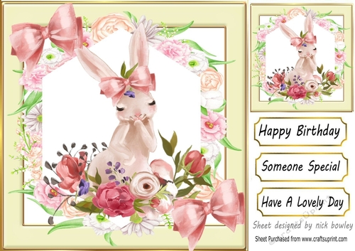 Lovely Rabbit with flowers and bows 8x8 card fronts (four)
