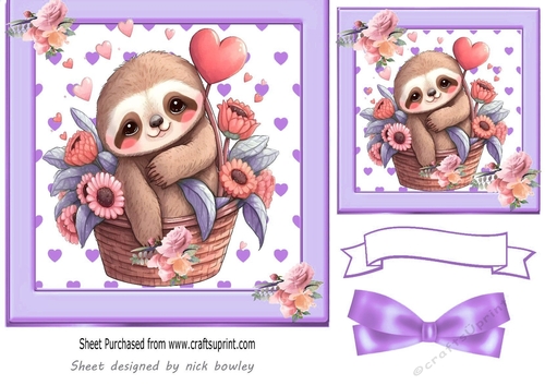 Lovely Purple Heart Toppers with a cute valentines sloth 7x7 with Bow