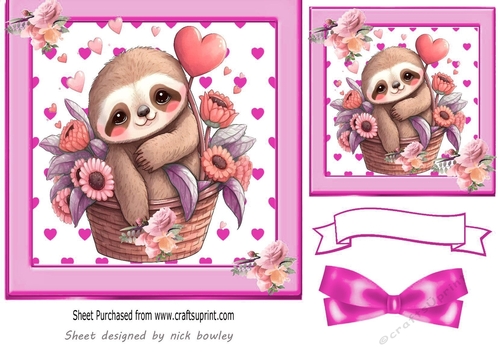 Lovely Pink Heart Toppers with a cute valentines sloth 7x7 with Bow