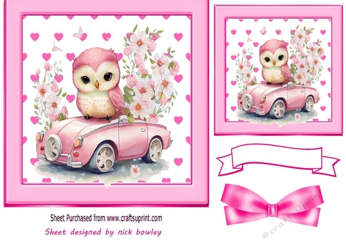 Lovely Pink Heart Toppers with a cute valentines owl 7x7 with Bow