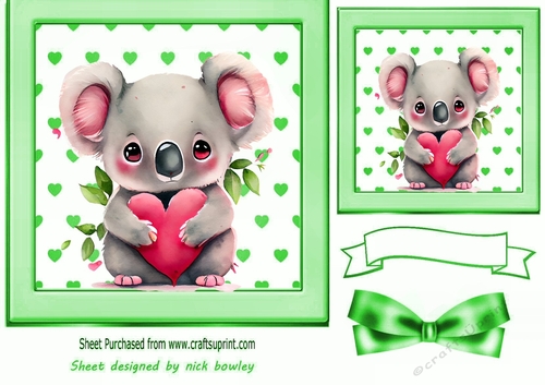 Lovely Green Heart Toppers with a cute valentines koala 7x7 with Bow