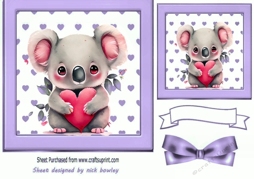 Lovely Purple Heart Toppers with a cute valentines koala 7x7 with Bow