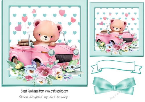 Lovely turq Heart Topper a cute valentines bear with flowers 7x7 