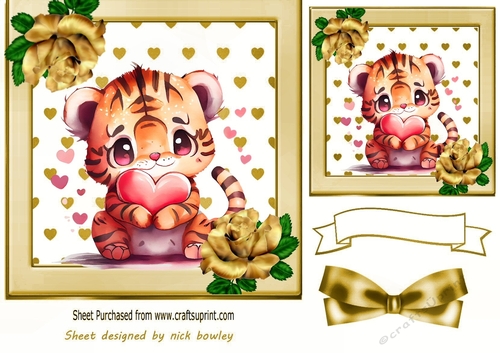 Lovely Gold Heart Topper a Cute Valentines Tiger with Roses 7x7