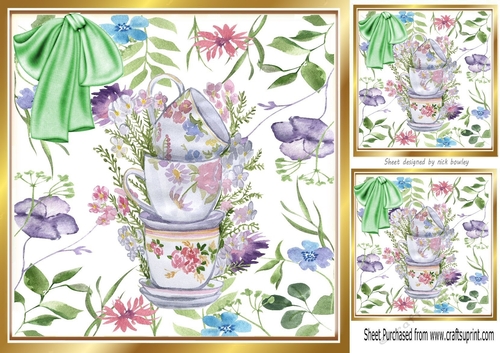 Pretty flower 8x8 Card  front with painted floral teacups