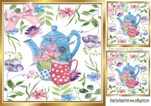 Pretty flower 8x8 Card  front with painted floral teapot