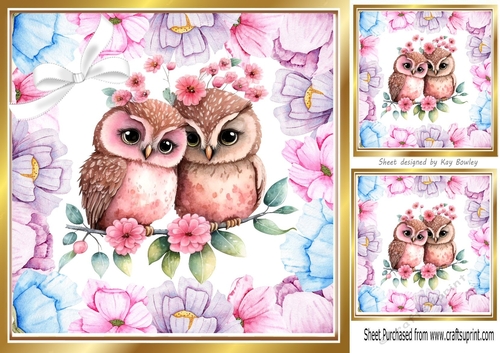 Lovely Owls Together on a Branch in Lilac/Pink Flowers 8x8