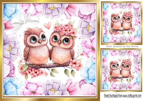 Lovely Owls Together in Lilac/Pink Flowers 8x8 card front
