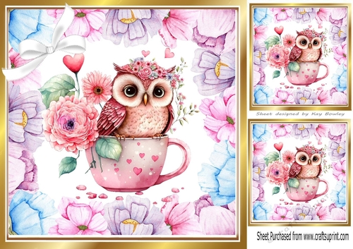 Lovely Owl in a Teacup Lilac/Pink Flowers 8x8 card front