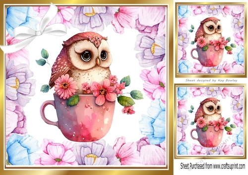 Lovely Owl in a Teacup Lilac/Pink Flowers & leaves 8x8 card front