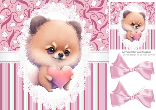 Cute little puppy with hearts lace and pink bows/stripes 8x8