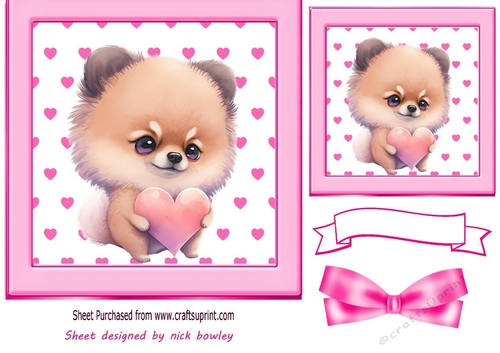 Cute little puppy with hearts and pink bow 7x7 (two)