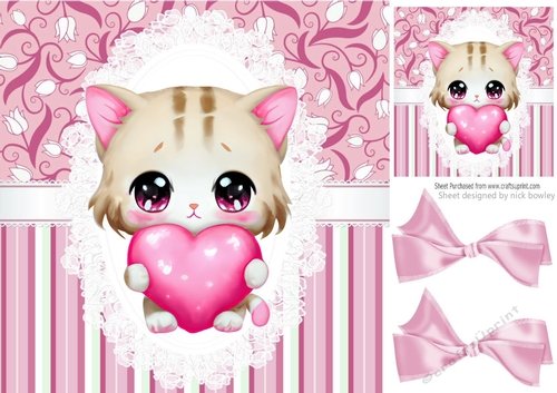 Cute little kitty with hearts lace and pink bows 8x8 (one)