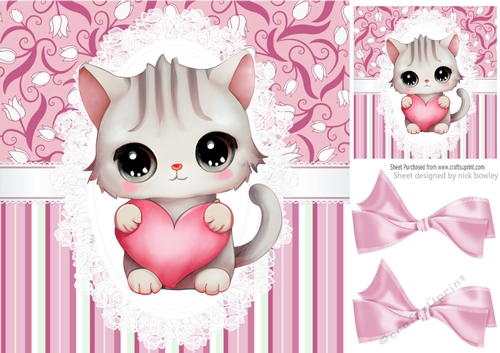 Cute little kitty with hearts lace and pink bows 8x8 (two)
