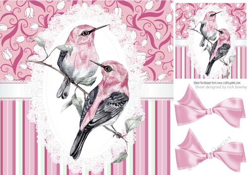 Pretty painted pink/grey birds on  lace with pink bows 8x8