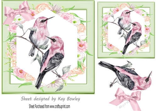Pretty Painted Pink/Grey Birds 7x7 with flowers  and bow