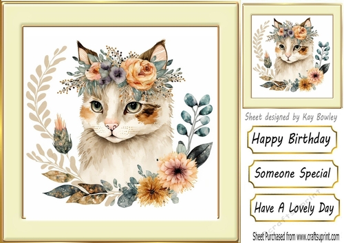 Lovely Portrait of a cat with flowers (one) 8x8