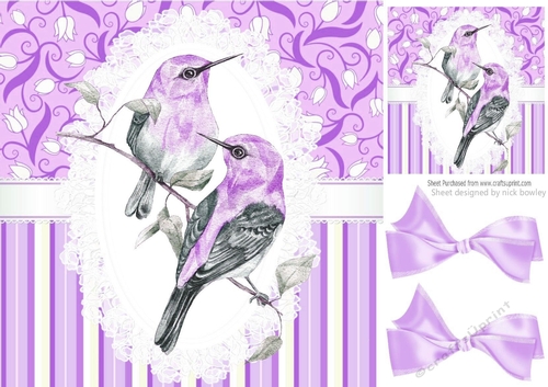 Pretty painted purple/grey birds on  lace with  bows 8x8