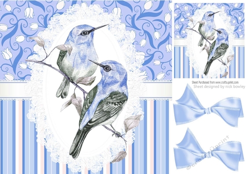 Pretty painted blue/grey birds on  lace with bows 8x8