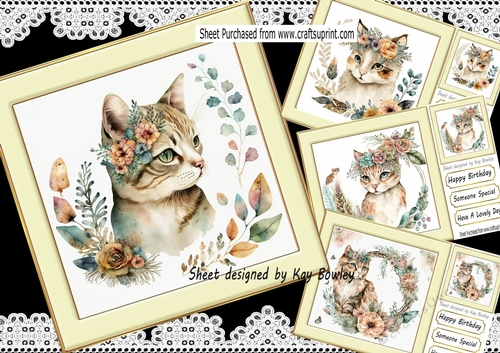  4 Lovely Portraits of cats with flowers  8x8 Card fronts Mini Kit