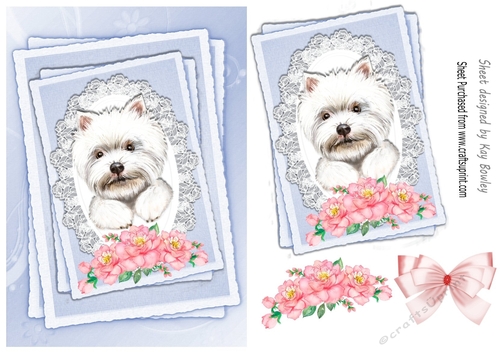 Cute Westie on lace Topper with Blue Bow & Pink Flowers A5