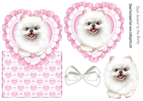 Cute white puppy on pink frill heart over the edge card