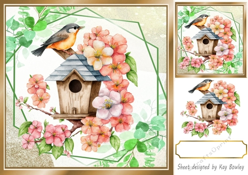 Pretty Birdhouse wih flowers  and leaves 8x8 card front (one)