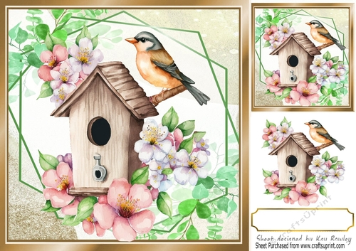 Pretty Birdhouse wih flowers  and leaves 8x8 card front (two)
