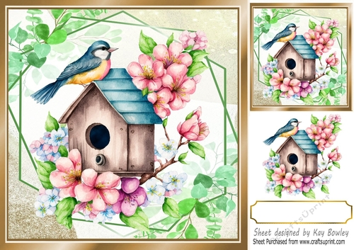 Pretty Birdhouse wih flowers  and leaves 8x8 card front (four)