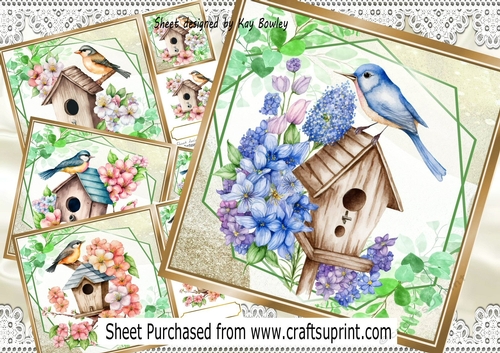  4 Pretty Birdhouses with flowers 8x8 card fronts Mini Kits