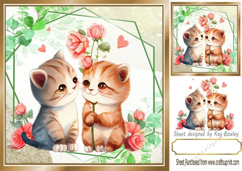 Cute kitty cuddles with flowers 8x8 card front (one)