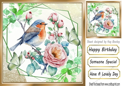 pretty bird with pink flowers and butterflies 8x8 card