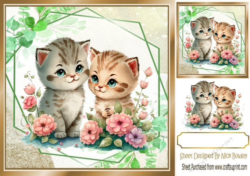  kittens with flowers 8x8 card front (two) 
