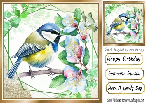pretty blue bird with pink flowers and butterflies 8x8 card