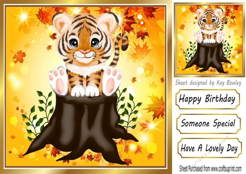 Cute tiger sitting on a log autumn leaves 8x8