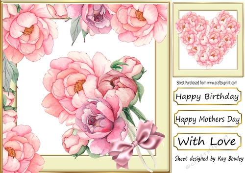 Pink Peonies with bouquet and bow 8x8 card front