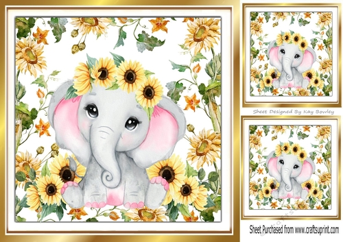 Cute Ele With Sunflowers 8x8 Card front