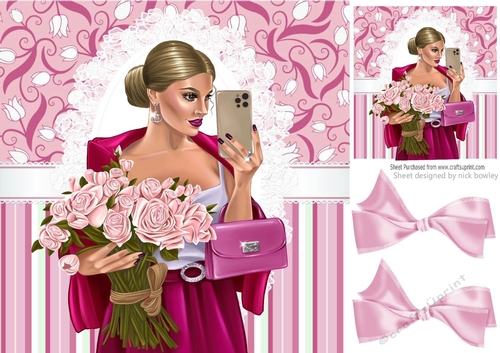 Pretty Lady with mobile and flowers on lace 8x8 (One)