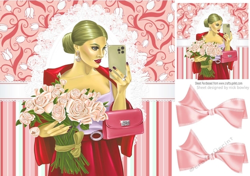 Pretty Lady with mobile and flowers on lace 8x8 (two))