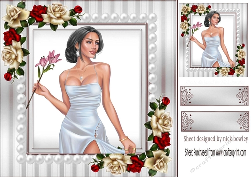 Elegant Lady in white dress wih flowers, roses and pearls 8x8