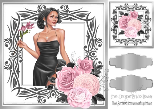 Elegant Lady in black dress wtith roses 8x8
