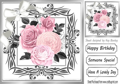 Pretty Pink Peonies with white diamante bow 8x8